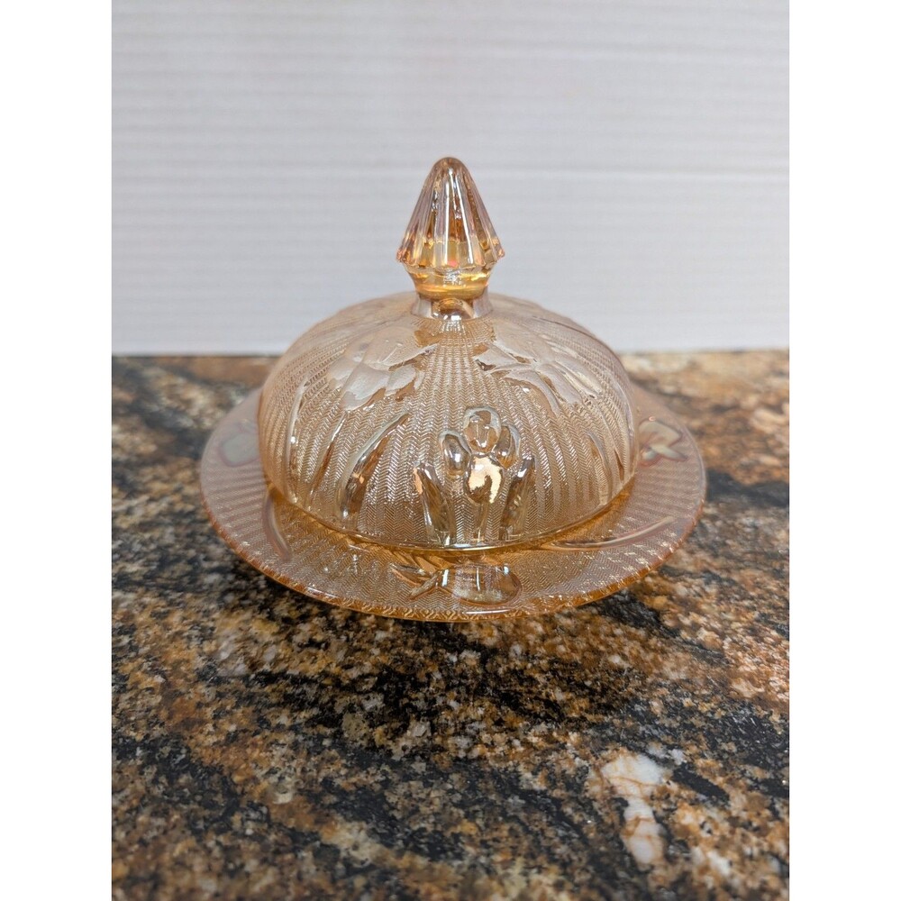 Vtg 6" Butter Dish Jeanette Glass Iris Herringbone Marigold Iridescent Carnival